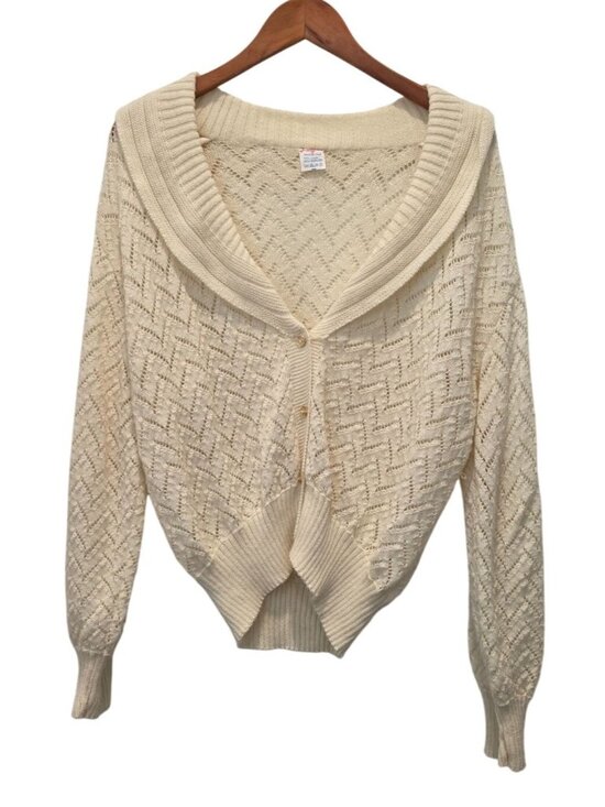 Ladytex Sweaters - Vintage LADYTEX Cream Pointelle-Knit Button-Up Wool-Blend Cardigan M/L - Italy